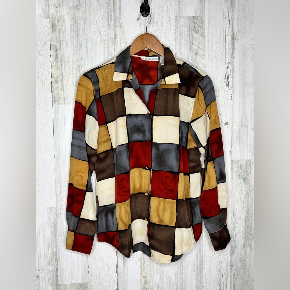 Dressbarn Women's Long Sleeve Sateen Checks Button Front Top Tan Brown Size Smal